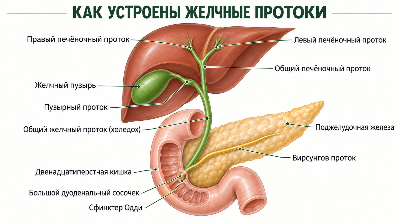 Строение желчевыводящей системы: желчный пузырь, холедох, протоки печени и поджелудочной железы
