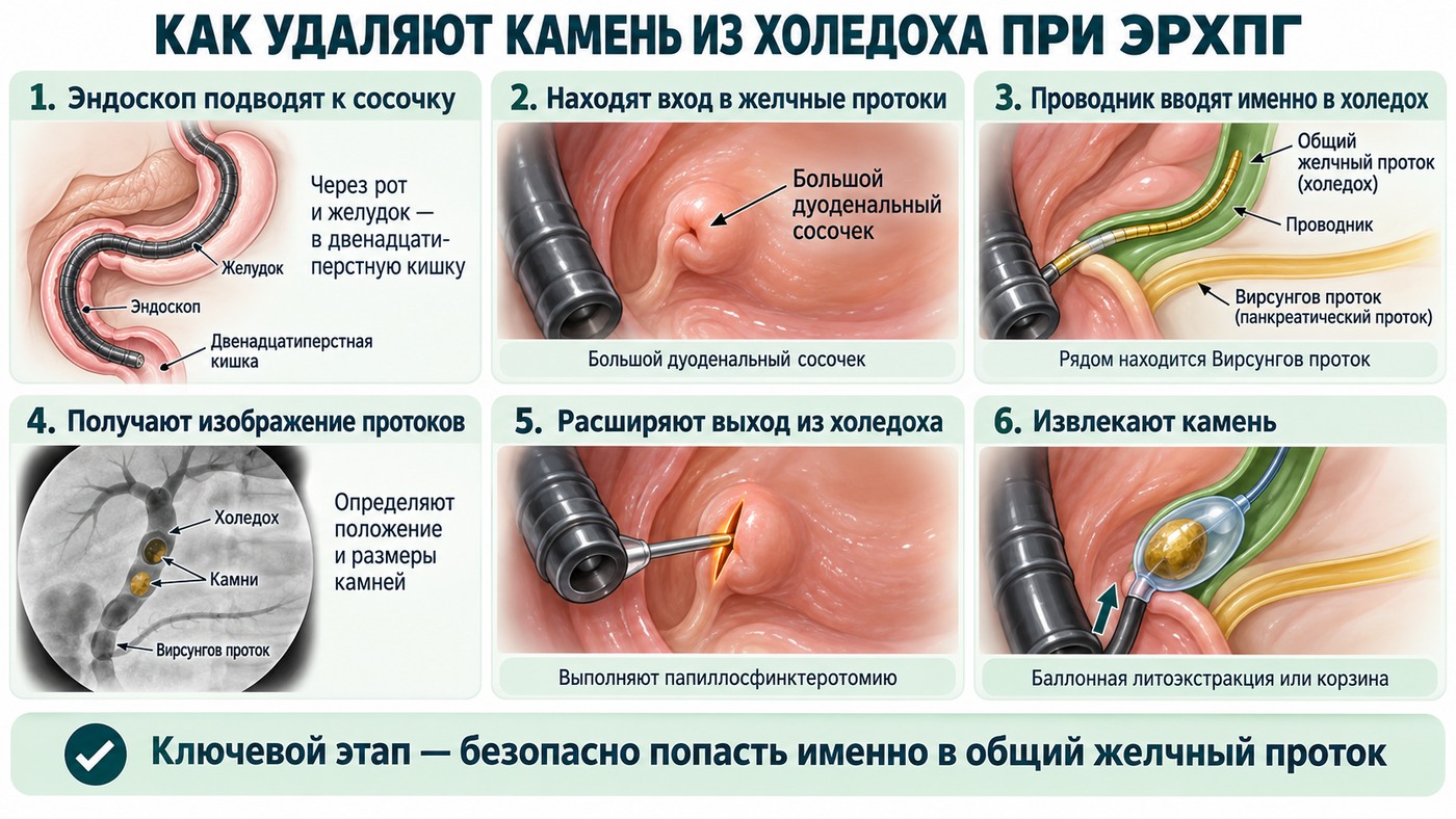 Этапы ЭРХПГ и эндоскопического удаления камня из общего желчного протока