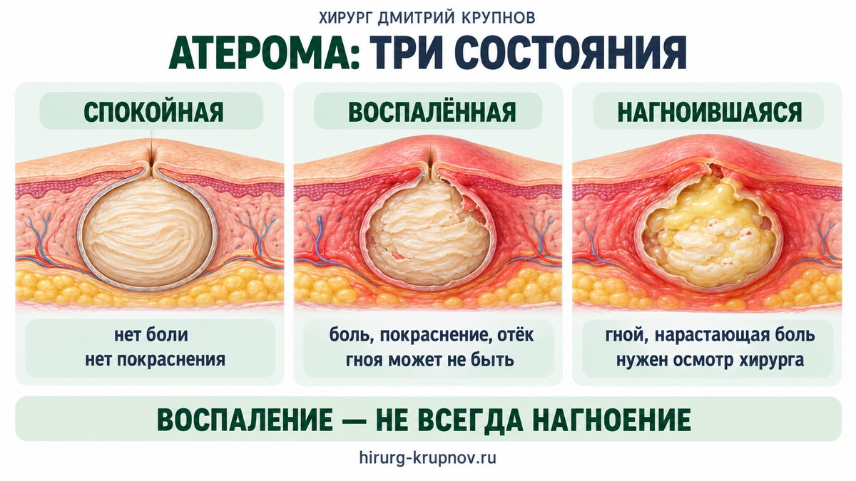 Атерома: спокойная, воспаленная, нагноившаяся